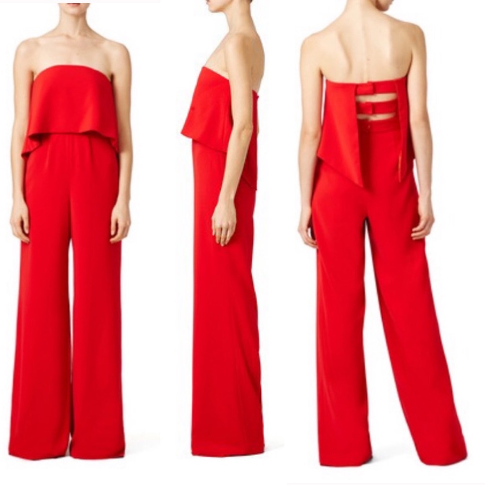 Molly Green Coral Red Strapless Wide Leg Jumpsuit